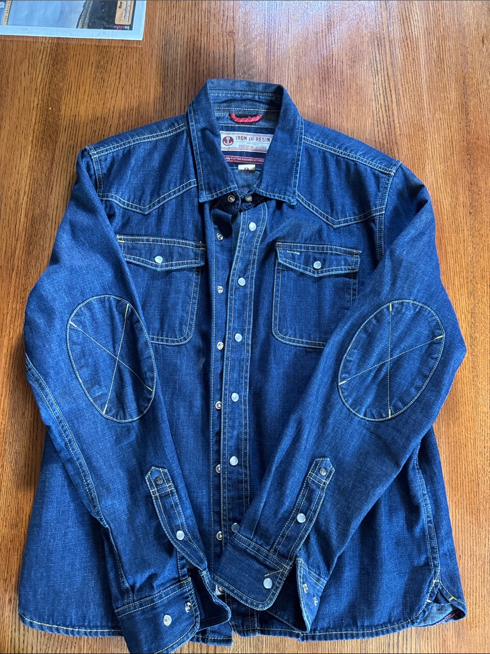 Iron and Resin Men's Large Blue Denim Shirt Jacket with Elbow Patches